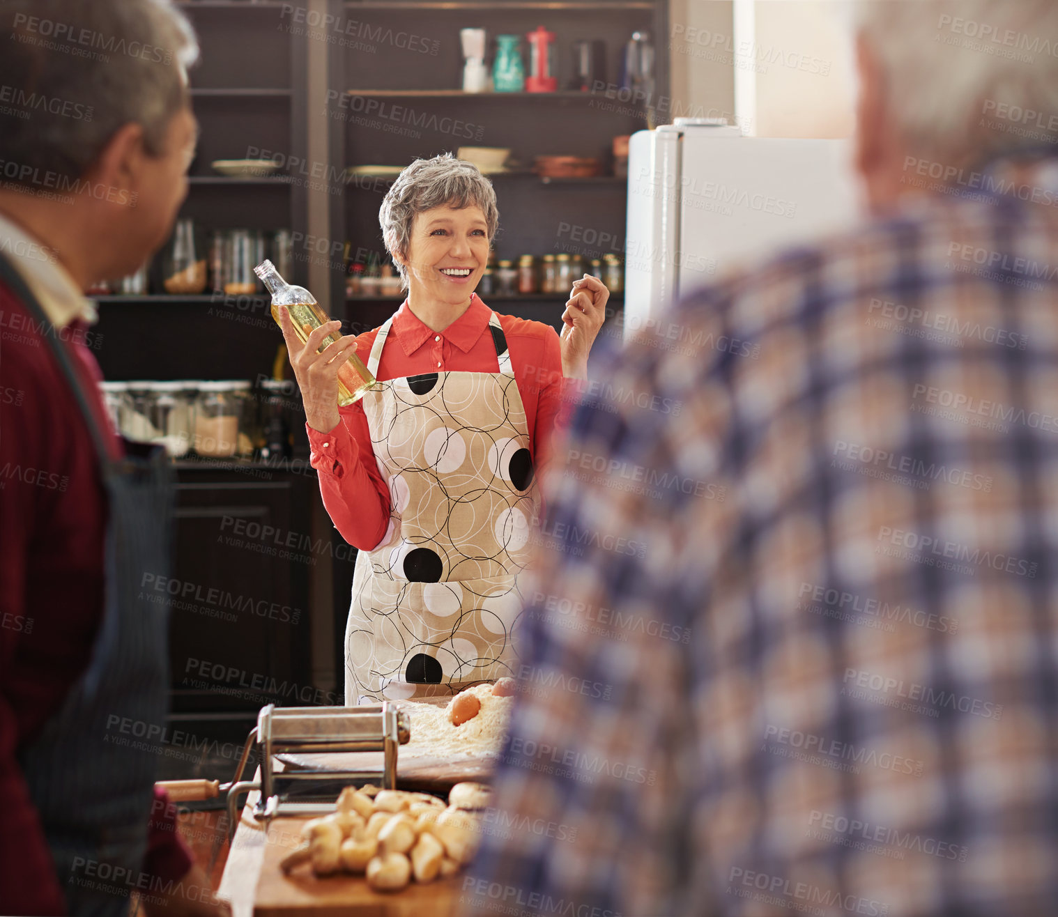 Buy stock photo Cooking course, food or mature chef with senior people in kitchen for help, guide or how to questions, advice or steps. Learning, class and nutritionist with audience for teaching, diet or nutrition