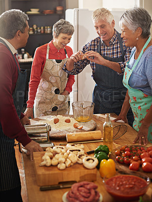 Buy stock photo Cooking, egg and senior people in kitchen with recipe for bonding, talking and conversation in home. Culinary, retirement and men and women with ingredients, baking and meal for dinner together