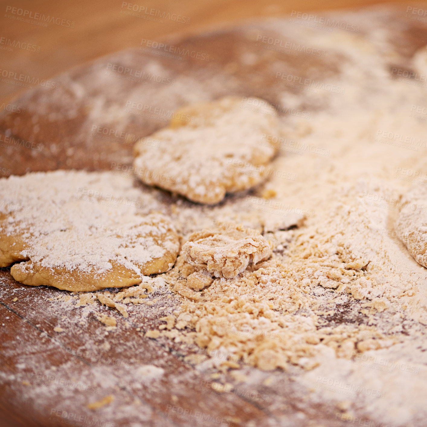 Buy stock photo Flour, dough and pastry for baking in kitchen on table, counter and wooden board for dish. Food, cooking and closeup of wheat ingredients for homemade pasta, cake and dessert for culinary cuisine