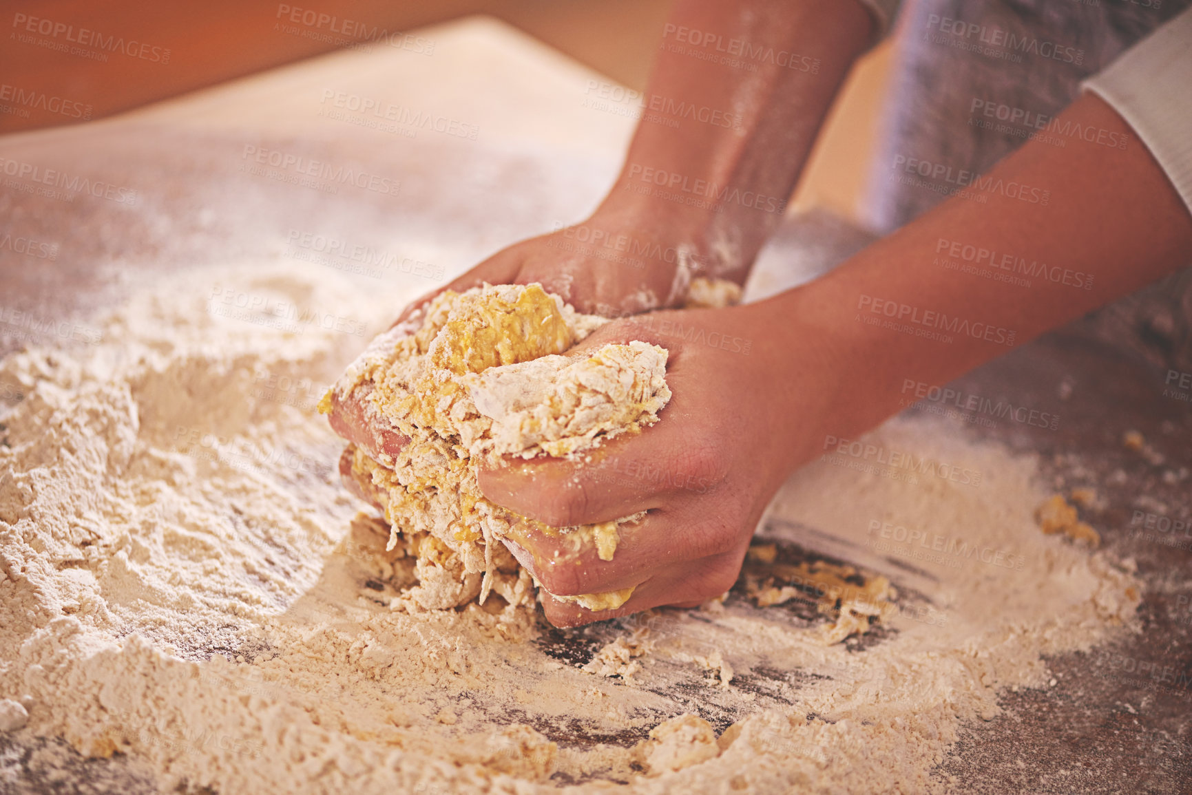 Buy stock photo Person with flour, dough and pastry for baking in kitchen on table for dish, dessert and cookies. Food, cooking and hands with wheat ingredients for homemade pasta, cake or bread for culinary cuisine