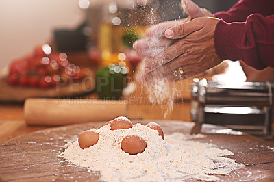 Buy stock photo Hands with flour, dough and eggs for baking in kitchen on table for dish, dessert and cookies. Food, cooking and person with wheat ingredients for homemade pasta, cake and bread for culinary cuisine