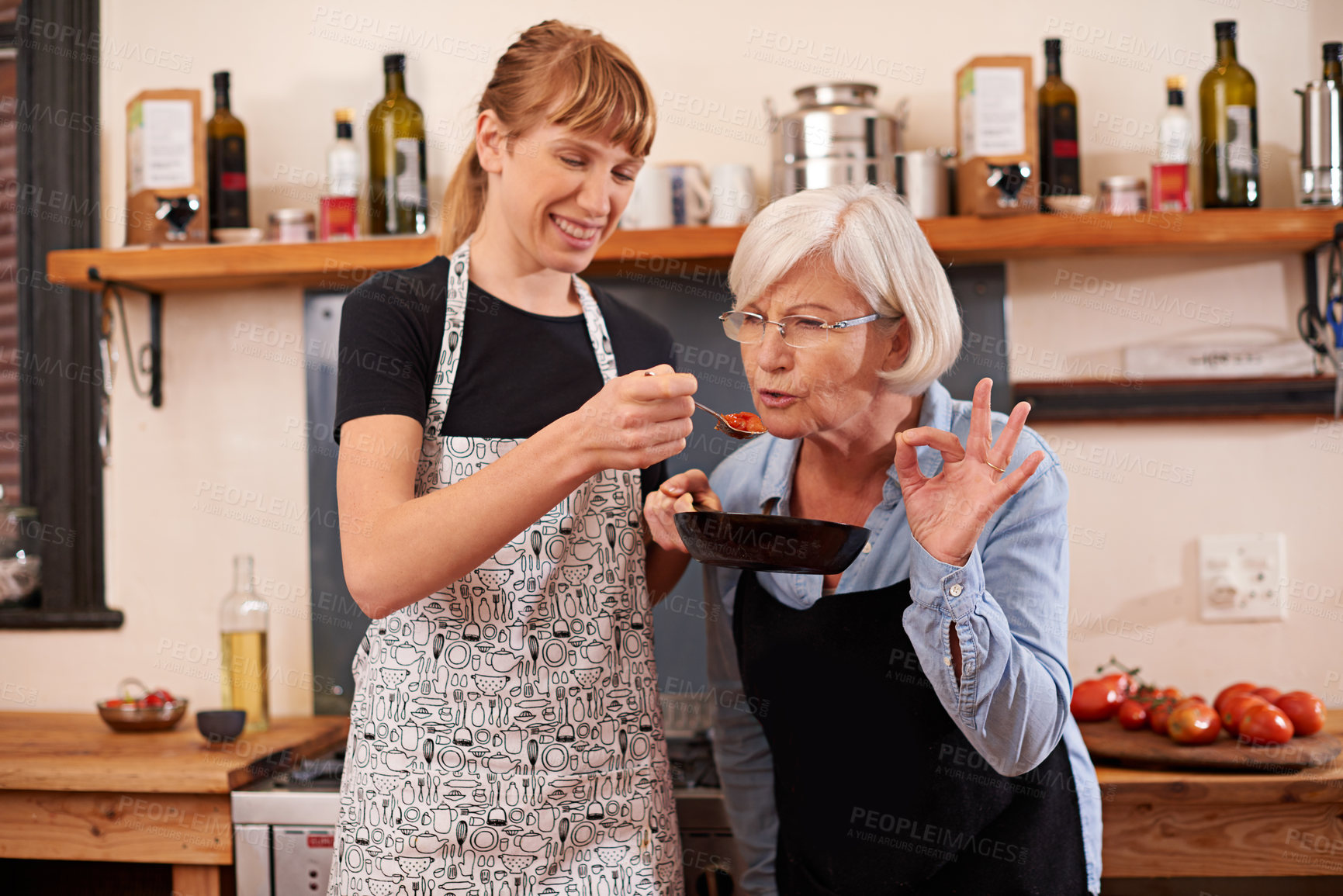 Buy stock photo Shot of a senior woman and a younger woman cooking together