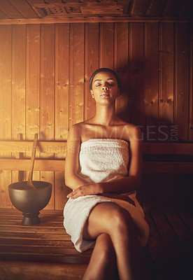 Buy stock photo Self care, spa and woman in sauna to relax for wellness, luxury and skincare for beauty and health. Therapy, mindfulness and female person in steam room for dermatology, body or natural detox at club