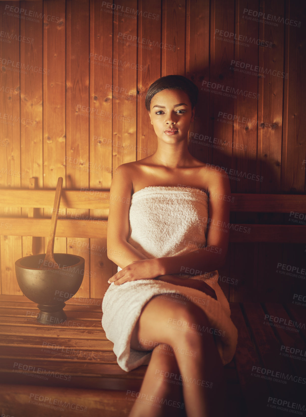 Buy stock photo Self care, spa and portrait of woman in sauna to relax for wellness, luxury and skincare for beauty and health. Therapy, mindfulness steam room for dermatology, body or natural detox at club