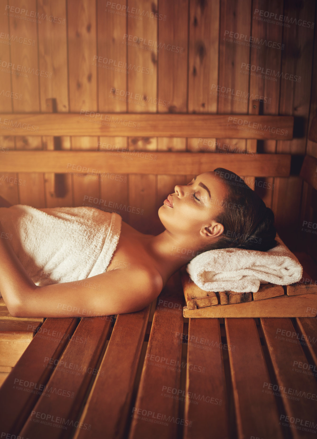 Buy stock photo sleep, spa and woman in sauna to relax for wellness, luxury and skincare for beauty and health. Therapy, rest and female person in steam room for dermatology, body care and natural detox at club