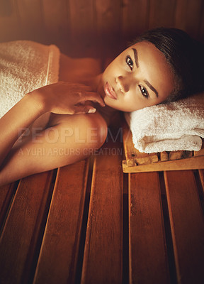 Buy stock photo Woman, portrait and relax in spa sauna with towel for self care, health and skincare or beauty. Female person, steam room or natural detox at wellness club for therapy, mindfulness or dermatology