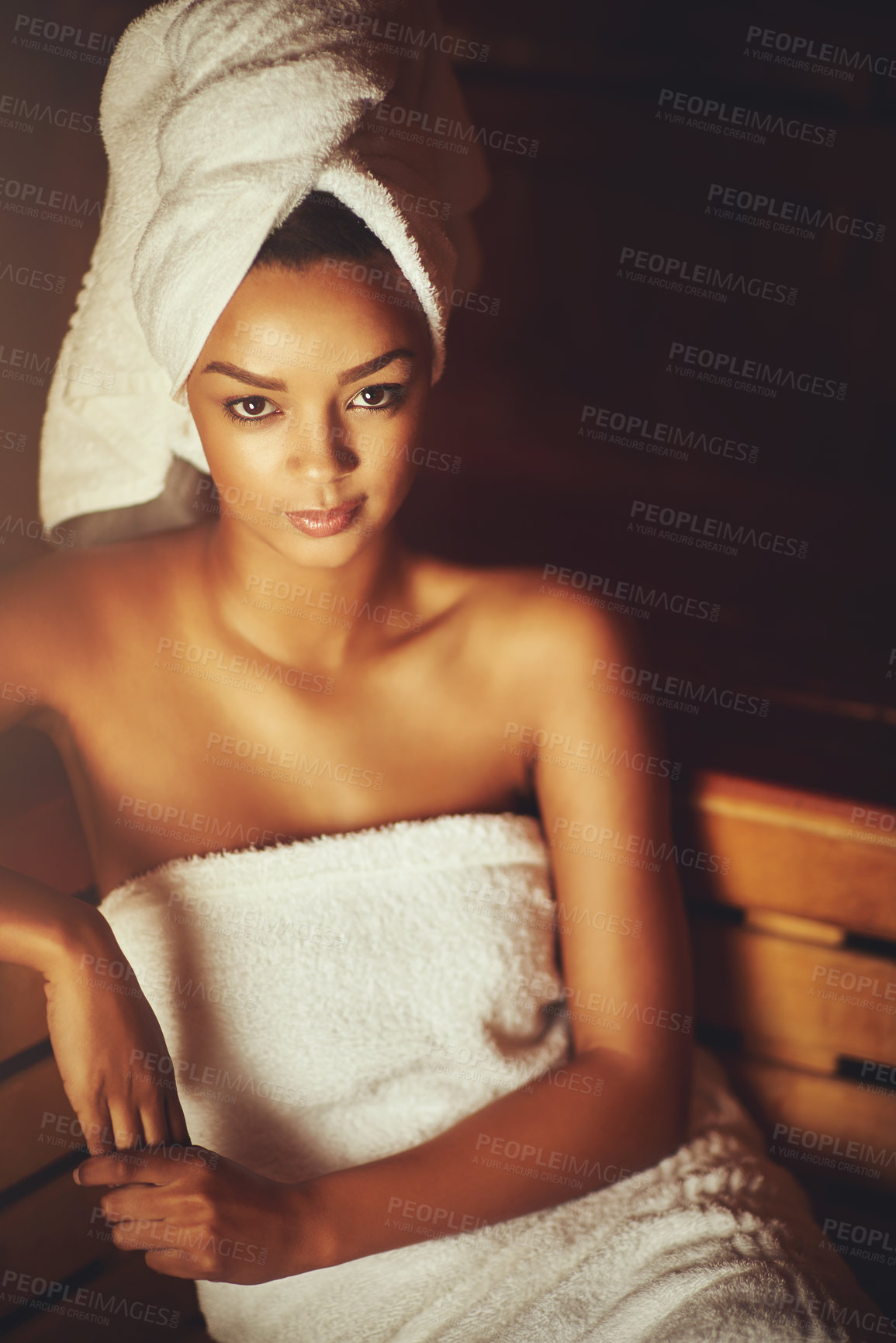 Buy stock photo Woman, portrait and relax in spa sauna with towel for self care, health and skincare or beauty. Female person, steam room or natural detox at wellness club for therapy, mindfulness or dermatology