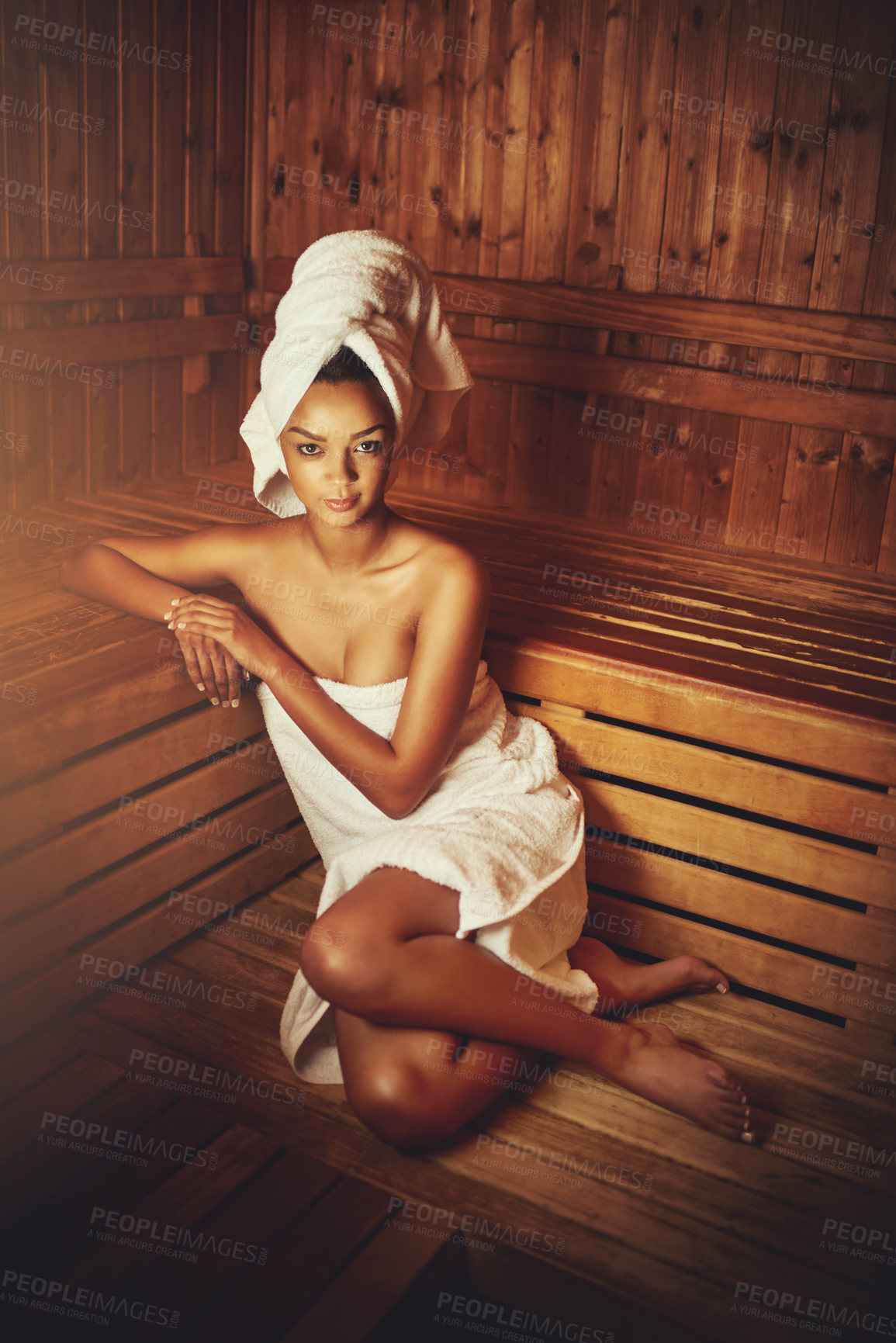 Buy stock photo Woman, portrait and relax in spa saunal for self care, health and skincare or beauty. Female person, steam room or natural detox at wellness club with towel for therapy, mindfulness or dermatology