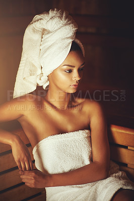 Buy stock photo Woman, relax and thinking in spa sauna with towel for self care, hospitality and reflection. Female person, steam room or natural detox at wellness club for thought, memories and mindfulness