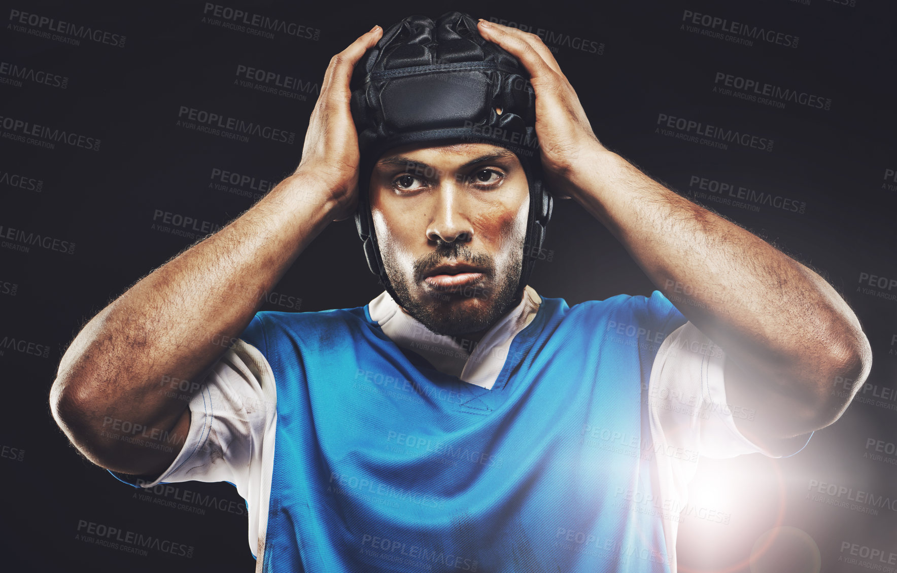 Buy stock photo Black background, serious and man ready for rugby match or training, tough and focused for fitness. Male player, determination and professional for football game, athlete and strong for workout