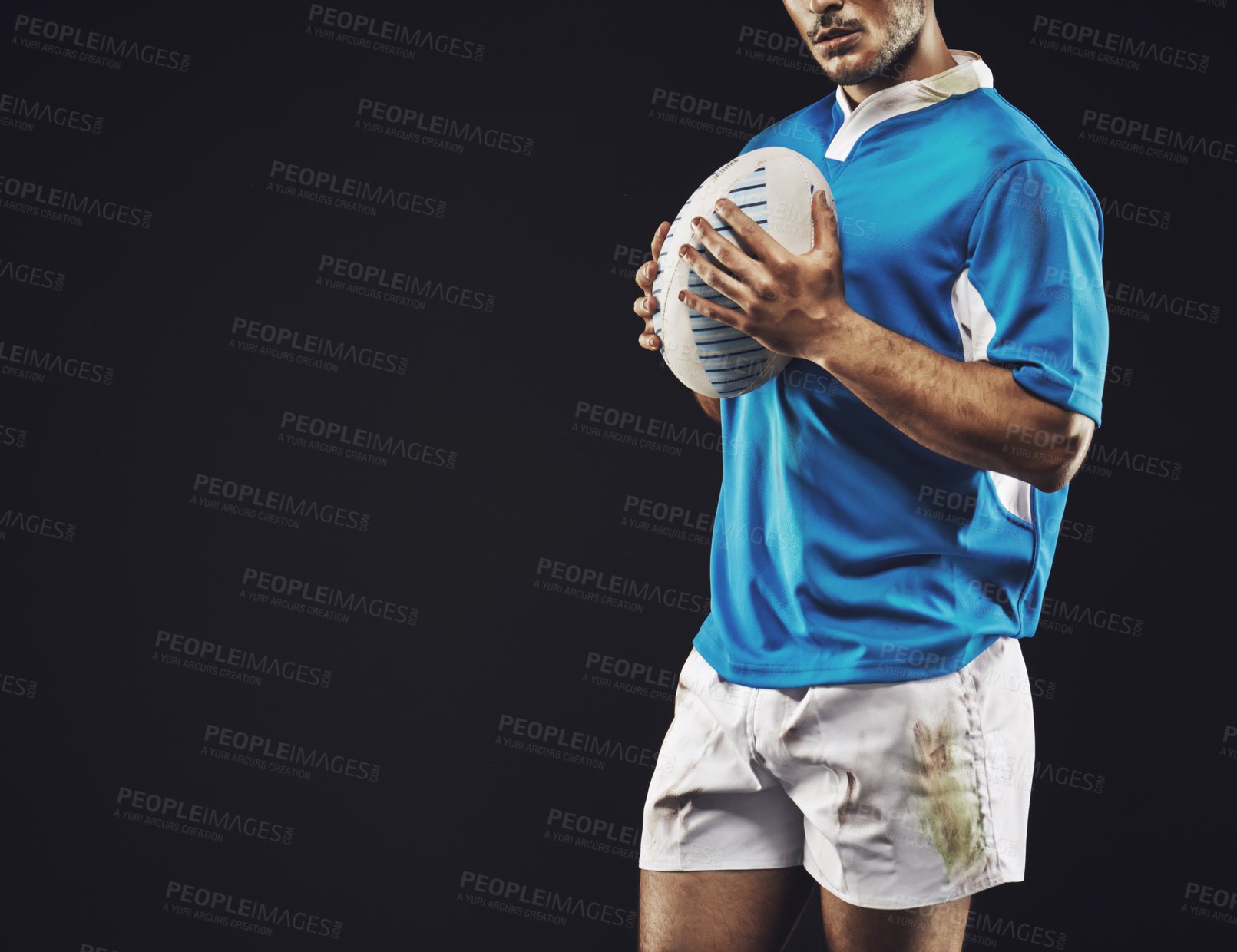 Buy stock photo Black background, man and ball for rugby sport, closeup and mockup space, sportswear and professional for workout. Male person or player, fitness and athlete for football game or match and strong