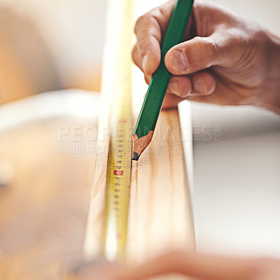 Buy stock photo Carpenter, wood and measure with hands of man in workshop for building, manufacturing and creative. Planning, industry and drawing with closeup of handyman for builder, lumber and maintenance