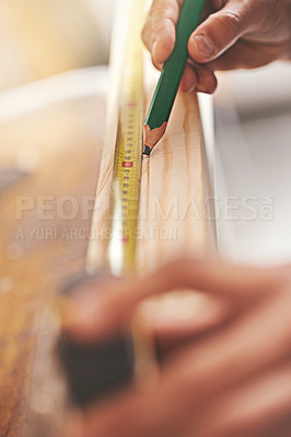 Buy stock photo Carpenter, wood and drawing with hands of man in workshop for building, manufacturing and creative. Planning, industry and measure with closeup of handyman for builder, lumber and maintenance