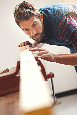 Buy stock photo Carpenter, wood and design with man in workshop for building, manufacturing and creative. Planning, industry and woodworker with handyman measuring on workbench for builder, lumber and maintenance