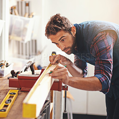 Buy stock photo Man, tools and tape measure for construction, home development and building renovation. Carpenter, maintenance employee and male repairman worker on a contractor job of builder working in house
