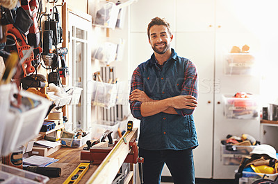 Buy stock photo Tools, smile and portrait of man in workshop for furniture, manufacturing and small business production. Male person, happy and handyman with equipment for renovation, maintenance or remodeling