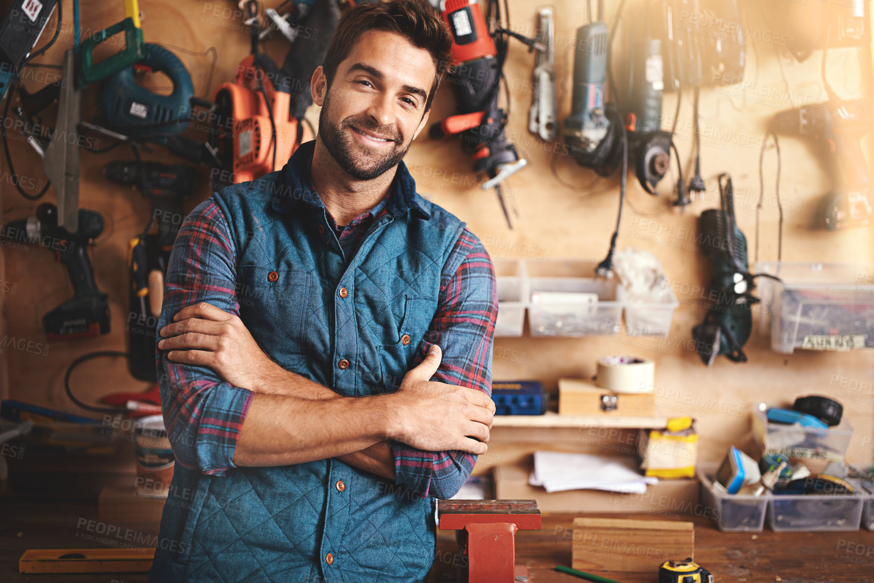 Buy stock photo Portrait of a man standing in his workshop