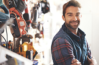 Buy stock photo Happy, carpenter and portrait of man in workshop for production, manufacturing or creative small business. Male person, tools and handyman with equipment for renovation, remodeling or maintenance