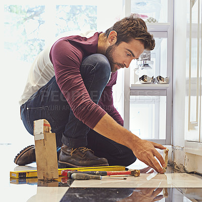 Buy stock photo Diy, tiles and building construction man for restoration, home improvement and project. Tools, development and male employee with equipment for handyman, builder and maintenance service in house