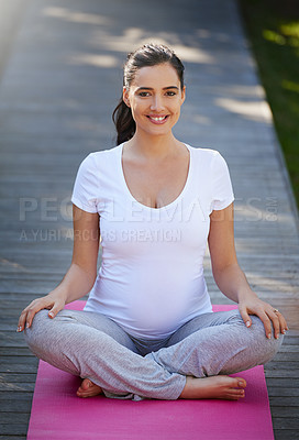 Buy stock photo Yoga, pregnancy and portrait of woman in park for wellness, healthy body and balance in nature. Pilates, maternity and happy pregnant person on mat for calm exercise, workout and meditation outdoor