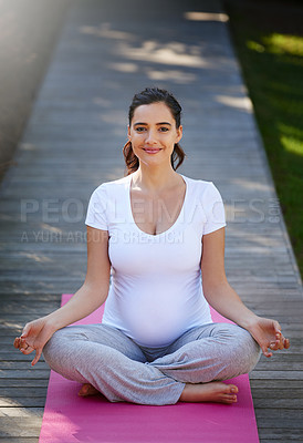 Buy stock photo Yoga, pregnancy and portrait of woman outdoor for wellness, healthy body and wellbeing in nature. Pilates, maternity and happy pregnant person on sports mat for calm exercise, workout and meditation
