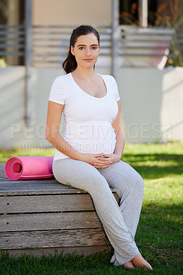 Buy stock photo Yoga, garden and portrait of pregnant woman for wellness, healthy body and balance in nature. Pilates, pregnancy and happy person with mat for maternity exercise, workout and relaxing in morning