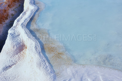 Buy stock photo Above view of travertine pools and terraces in Pamukkale Turkey. Traveling abroad, overseas for holiday, vacation, tourism. Cotton castle with carbonate mineral and fresh flowing thermal spring water