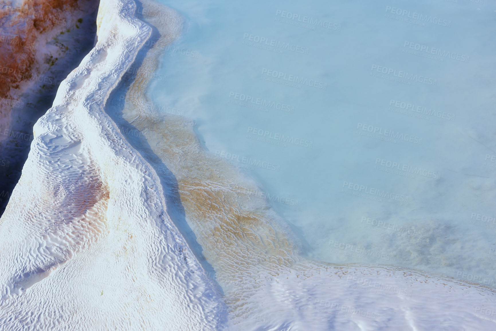 Buy stock photo Above view of travertine pools and terraces in Pamukkale Turkey. Traveling abroad, overseas for holiday, vacation, tourism. Cotton castle with carbonate mineral and fresh flowing thermal spring water