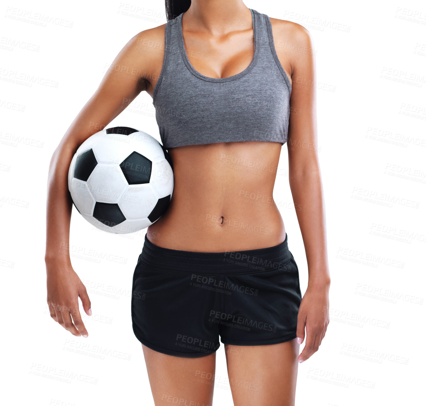 Buy stock photo Sports, soccer ball and body of woman in studio for health, wellness and exercise training. Football, fitness and female athlete with stomach for workout or practice isolated by white background.