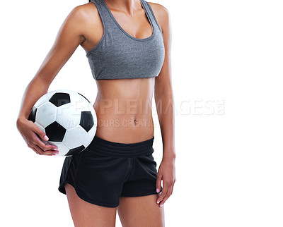 Buy stock photo Fitness, soccer and body of woman in studio for health, wellness and body exercise training. Football, sports and female athlete with ball for workout or practice isolated by white background.