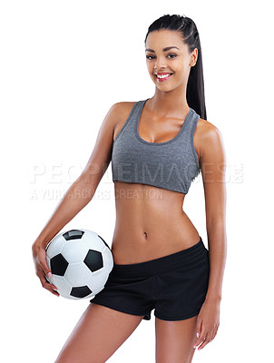 Buy stock photo Cropped portrait of a female soccer player isolated on white