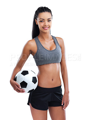 Buy stock photo Sports, soccer and portrait of woman in studio for health, wellness and body exercise training. Football, fitness and female athlete with ball for workout or practice isolated by white background.