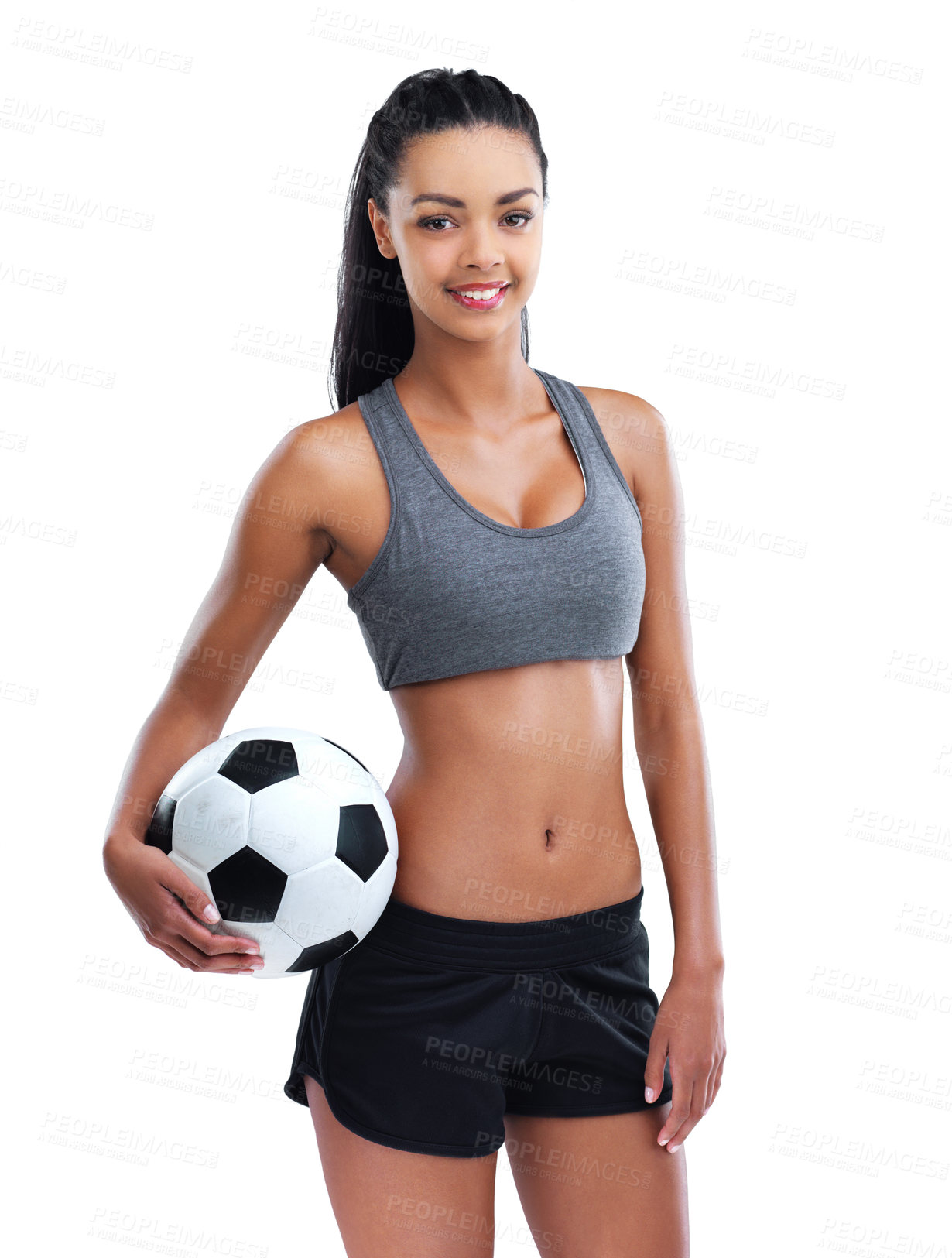 Buy stock photo Sports, soccer and portrait of woman in studio for health, wellness and body exercise training. Football, fitness and female athlete with ball for workout or practice isolated by white background.