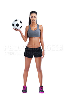 Buy stock photo Soccer player, portrait and woman with ball by white background for match, game or kick off in studio. Sports, football and confident female person for training, workout or fitness on mockup space