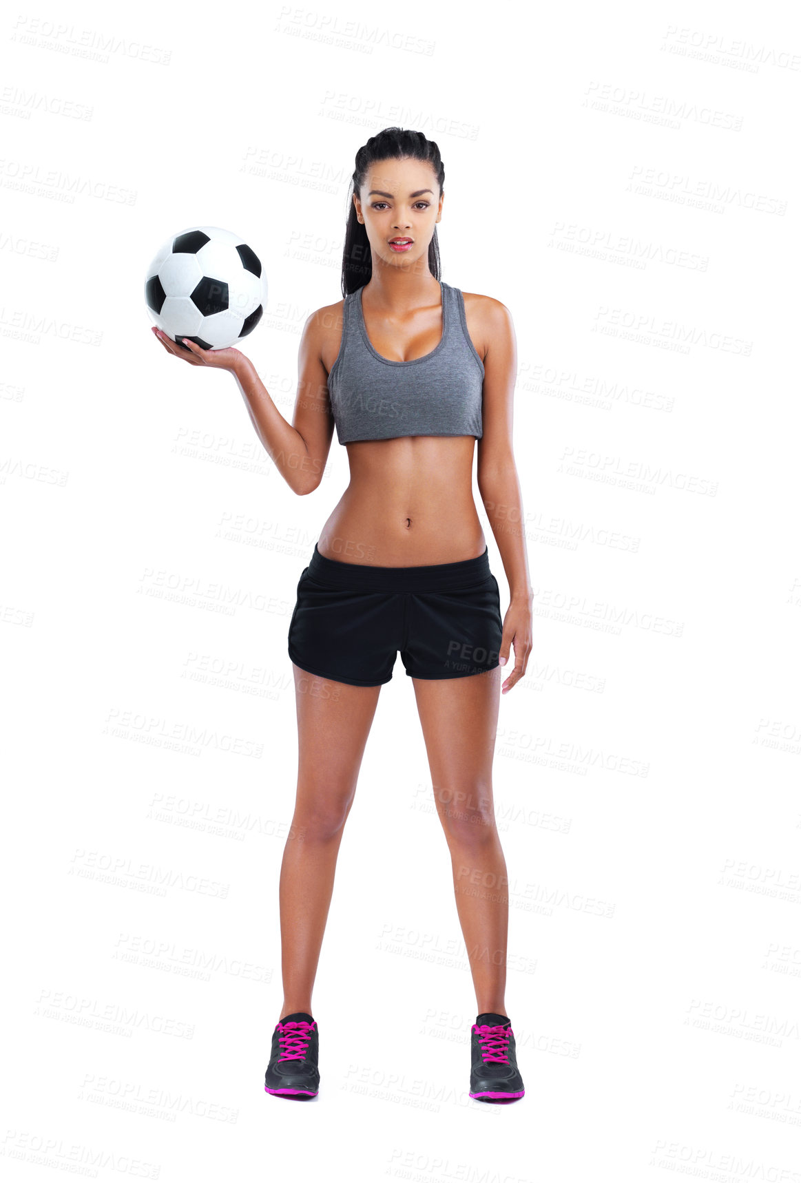 Buy stock photo Soccer player, portrait and woman with ball by white background for match, game or kick off in studio. Sports, football and confident female person for training, workout or fitness on mockup space