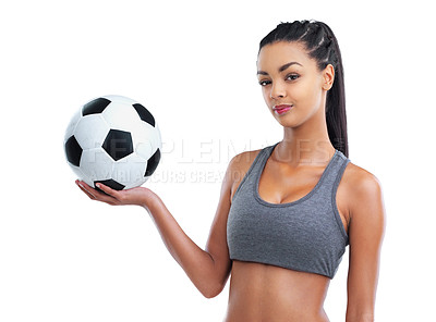 Buy stock photo Sports, soccer and portrait of woman athlete in studio for health, wellness and body exercise training. Football, fitness and female person with ball for workout or practice by white background.