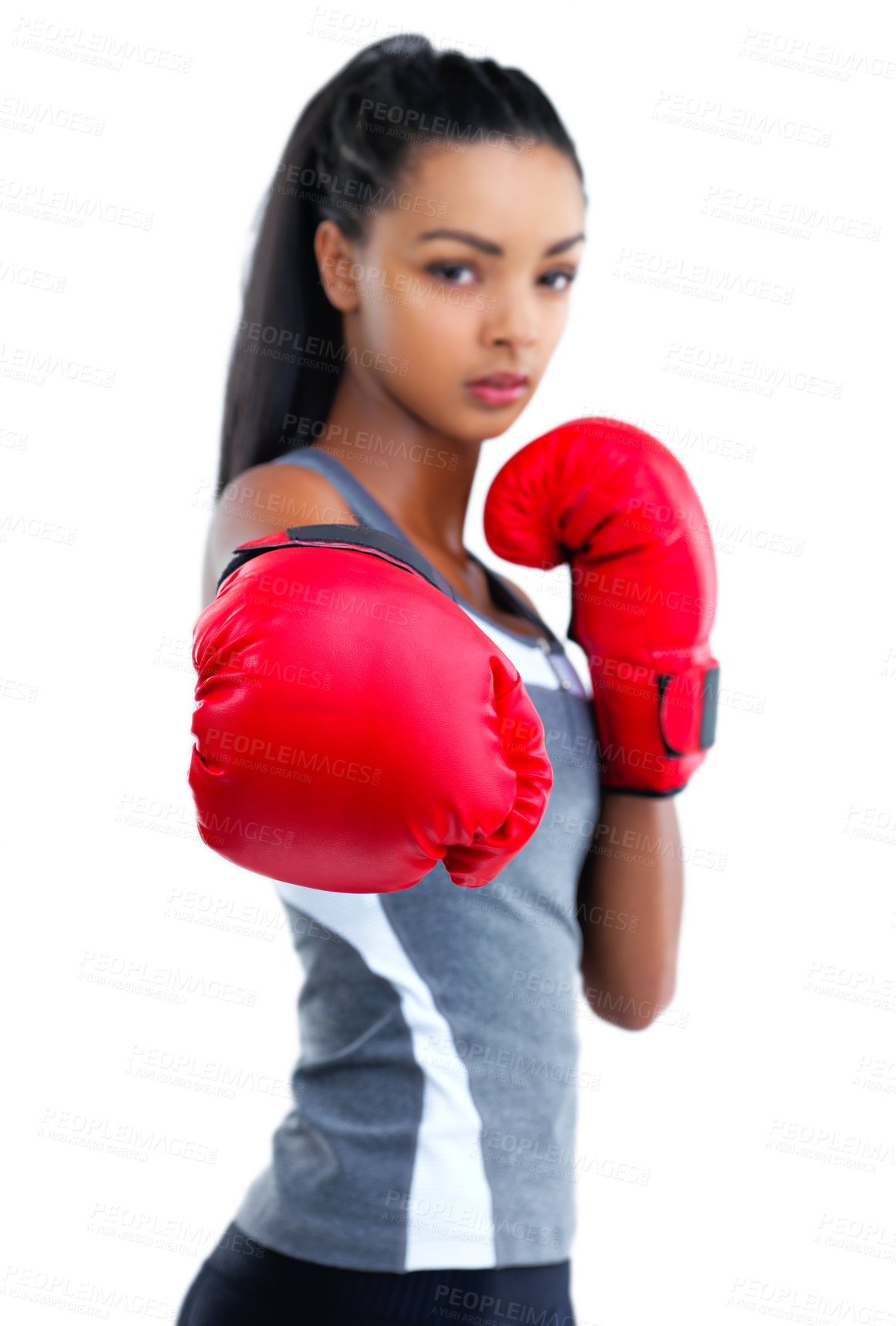 Buy stock photo Boxing, glove and portrait of sports black woman in studio isolated on white background for self defense. Exercise, fitness and training with strong, confident boxer at gym for health or workout