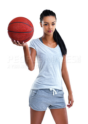 Buy stock photo Cropped portrait of a female basketball player isolated on white