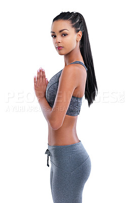 Buy stock photo Portrait, woman and hands in studio, yoga and exercise on white background. Pilates, fitness and activewear for healthy female person, spiritual and wellness for training or zen or meditation healing