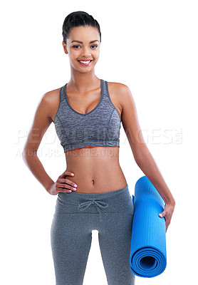 Buy stock photo Yoga, mat and portrait of woman in studio, white background and fitness in mockup space. Holistic, exercise and girl ready to start workout or training in class for health, wellness and energy in gym