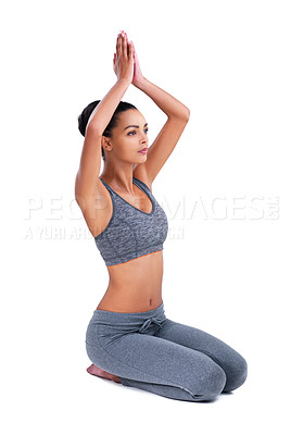 Buy stock photo Mindfulness, exercise and woman in yoga on studio, white background and spirituality in mockup space. Holistic, meditation and girl with peace in workout or training for health, wellness and zen