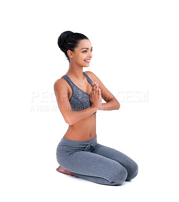 Buy stock photo Namaste, meditation and woman in yoga exercise on studio, white background with happiness in mockup space. Holistic, mindfulness and girl smile in workout or training for health, wellness and zen