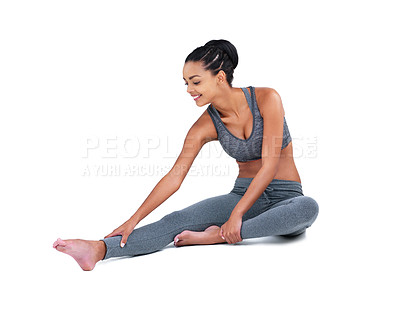 Buy stock photo Stretching, legs and woman warm up in studio, white background and fitness in mockup space. Healthy, exercise and agile girl prepare for training for benefits in workout with wellness and energy