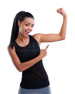 Buy stock photo Strong, muscle of woman and face from workout, exercise and training for wellness isolated on white background. Show, portrait or athlete for performance, gym and energy for sport in studio backdrop