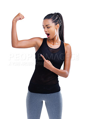 Buy stock photo Strong, muscle of woman and wow from workout, exercise and training for wellness isolated on white background. Show, profile or athlete for performance, gym and energy for sport in studio backdrop