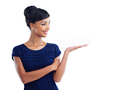 Buy stock photo Cropped shot of a young businesswoman holding copyspace against a white background