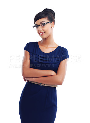 Buy stock photo Confident, business and woman for portrait in studio as management director in formal clothes for corporate work. Professional, female person and arms crossed with glasses or positive attitude