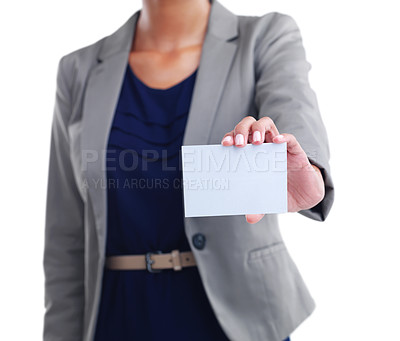 Buy stock photo Business card, mockup and businesswoman in studio for advertising, logo or information. Promo, contact us and announcement with closeup, female person and paper by white background for show and sign