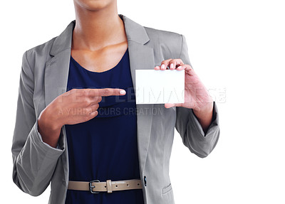 Buy stock photo Cropped shot of a businesswoman holding a blank card against a white background