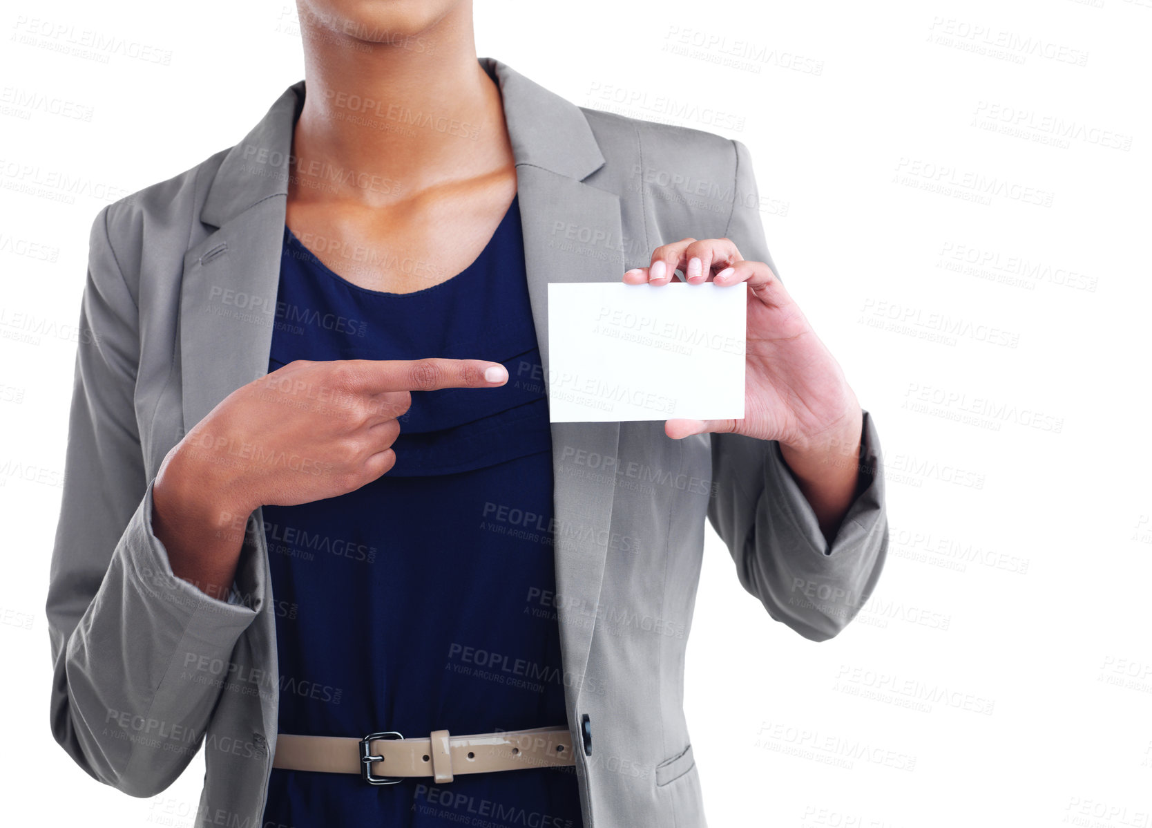 Buy stock photo Cropped shot of a businesswoman holding a blank card against a white background